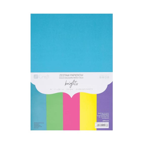 CRAFT Zestaw Papierów kolorowych A4 brights 220g/20 arkuszy