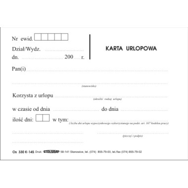 DRUK K49 KARTA URLOPOWA A6 STOLGRAF