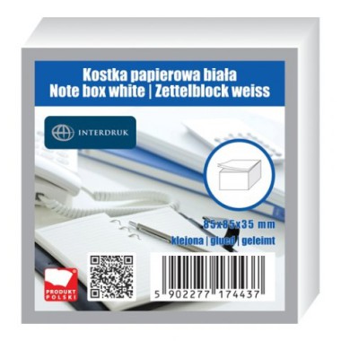 INTERDRUK Kostka papierowa biała 85x85x35mm klejona