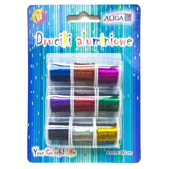 Druciki aluminiowe na szpulce mix kolorów 9 sztuk