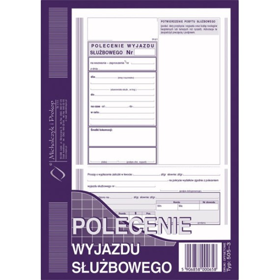 DRUK 505-3 POLECENIE WYJAZDU SŁUŻBOWEGO A5 M&ampampP
