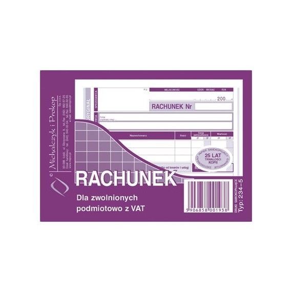DRUK 234-5 RACHUNEK DLA ZWOLNIONYCH PODMIOTOWO Z VAT A6