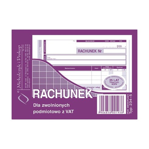 DRUK 234-5 RACHUNEK DLA ZWOLNIONYCH PODMIOTOWO Z VAT A6