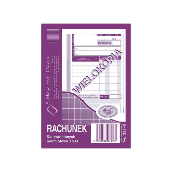 druk Rachunek dla zwolnionych podmiotowo z VAT wielokopia