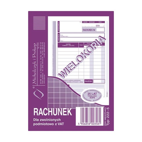 druk Rachunek dla zwolnionych podmiotowo z VAT wielokopia