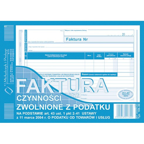FAKTURA CZYNNOŚCI ZWOLNIONE Z PODATKU A5 198-3E